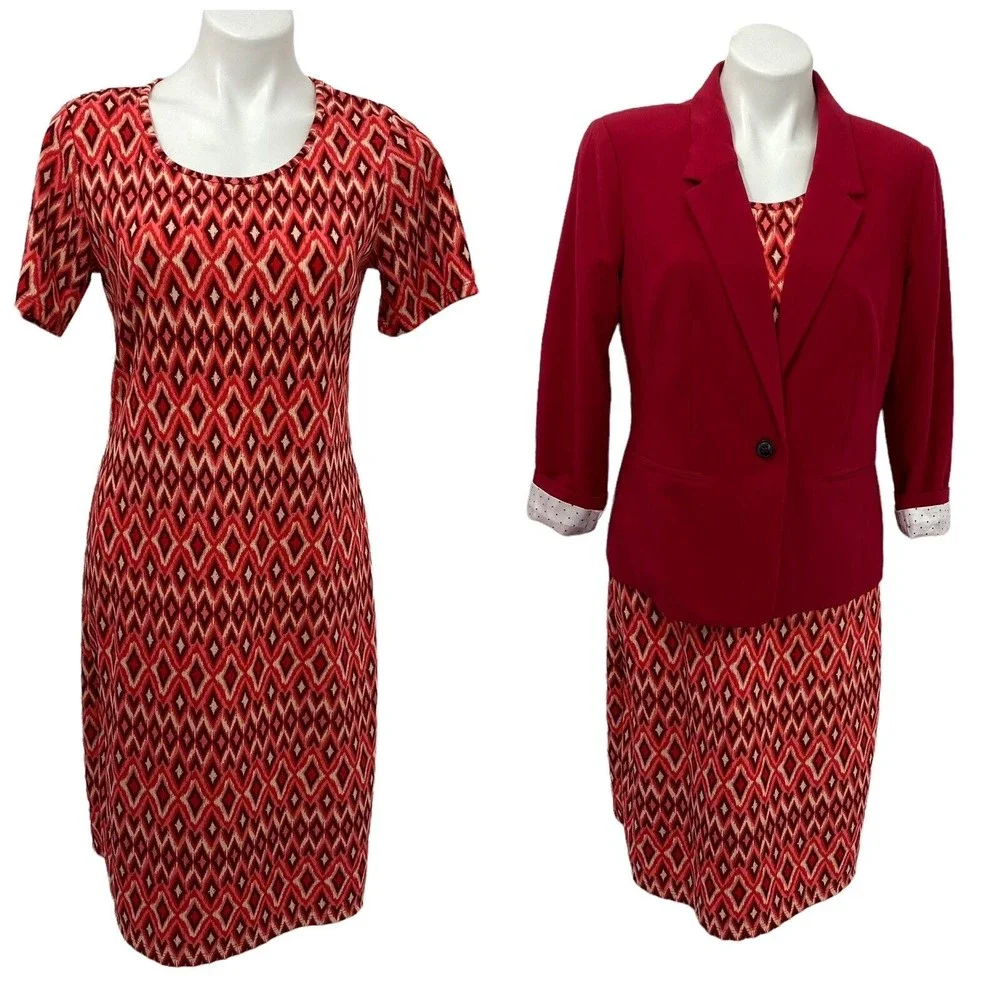 Lot of 2 Dress Blazer Combo Size Large Kensie Midi Knit Short Sleeve Red
